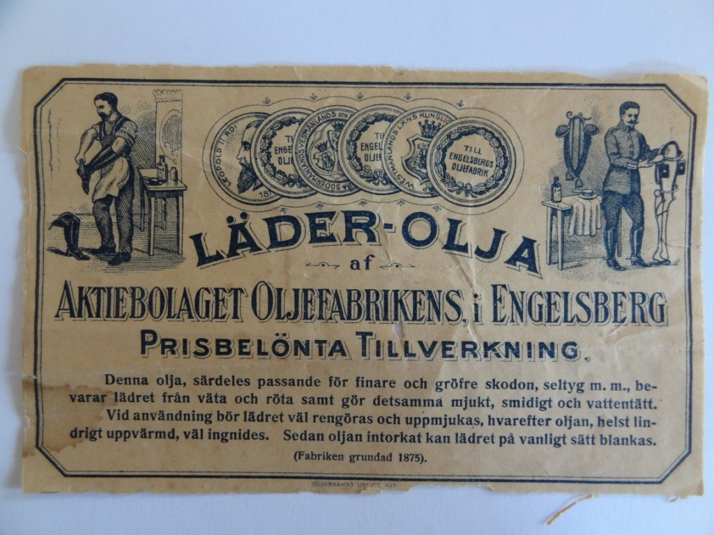Etikett läder-olja från Oljeön i Ängelsberg
